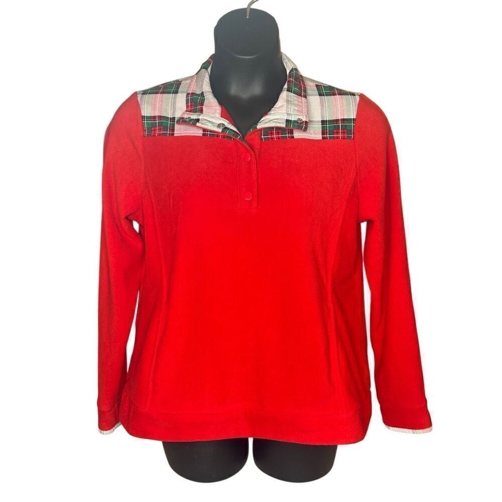 Crown & Ivy Women's Red Plaid Trim Fleece Pullover Top Size Large